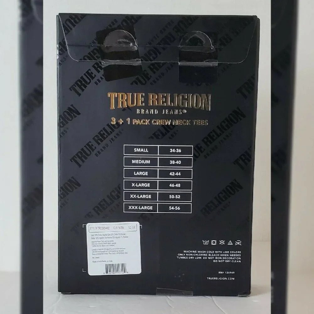 TRUE RELIGION LOUNGEWEAR 3 + 1 PACK CREW NECK TEES MEN SZ M METALLIC LOGO W/G/B - Picture 4 of 8